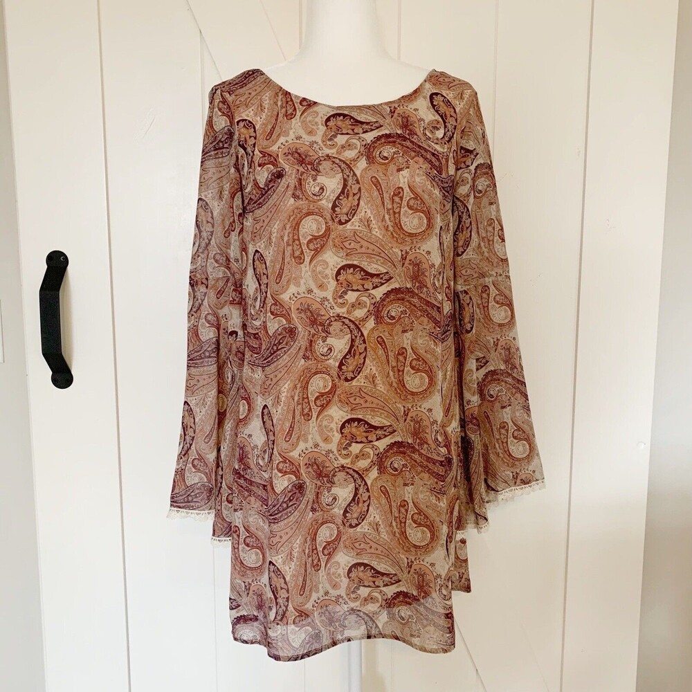 Xhilaration Boho Paisley Blush Pink Bell-Sleeve Chiffon Shift Swing Dress, Small